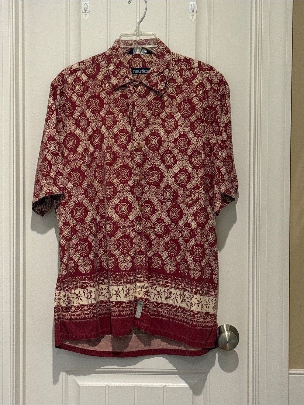 Nautica Men’s Maroon and Cream Short-Sleeve Button-Down Shirt